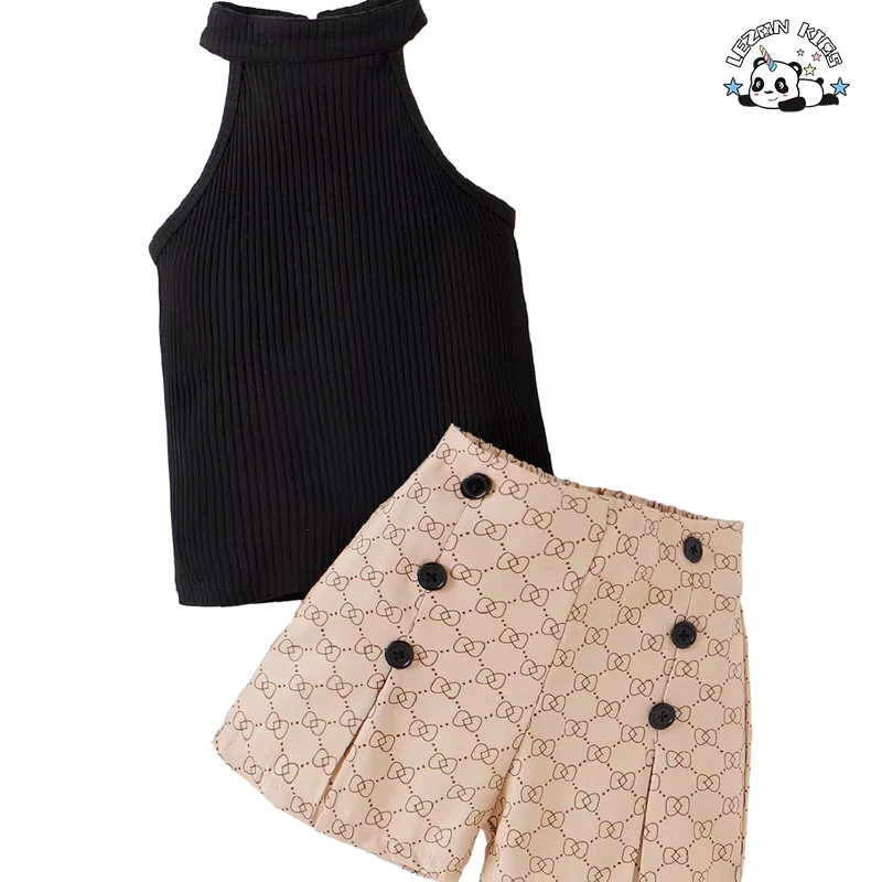 LEZONKIDS - Conjuntos de Roupas Femininas Personalizáveis de Camiseta sem Manga com Botão e Shorts a Preço Direto de Fábrica para Meninas de 2 a 14 Anos